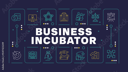 Business incubator purple word concept. Planning, strategy. Consulting services, legal. Horizontal vector image. Headline text surrounded by editable outline icons. Hubot Sans font used