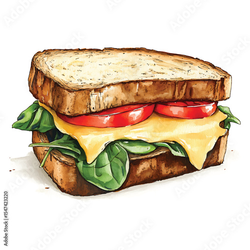 Delicious grilled cheese sandwich with spinach and tomato watercolor style isolated vector on transparent background