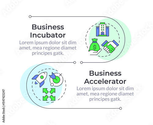 Company growth programs infographic vertical sequence. Business expansion, funding. Visualization infochart with 2 steps. Circles workflow. Montserrat SemiBold, Lato Regular fonts used