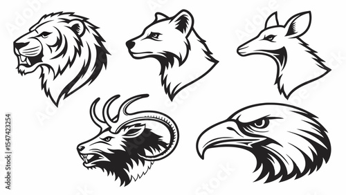 Detailed black and white vector illustration of five powerful wild animal heads, including a roaring lion, strong bear, graceful deer, horned ram, and fierce eagle. Perfect for mascots or logos.