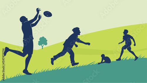 Active family and friends playing frisbee and running on a vibrant green grassy hill. Dynamic outdoor fun illustration with minimalist silhouettes.