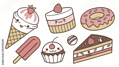 Kawaii Desserts Collection Cute Hand Drawn Cartoon Sweets Illustration with Ice Cream Donut Cake Cupcake Popsicle and Happy Faces Pastel Pink Brown White