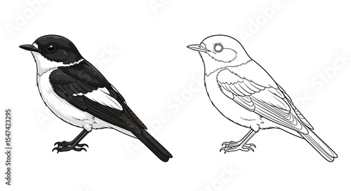 European Pied Flycatcher Coloring Page with Colored and Outline Birds Forest Birds Art