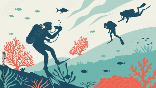 Flat vector illustration depicting silhouetted scuba divers exploring a beautiful and vibrant underwater coral reef with diverse marine life and a photographer.