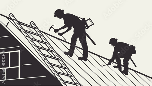 Two male silhouette roofers installing or repairing a house roof with a ladder. Black and white vintage illustration depicting skilled construction workers.