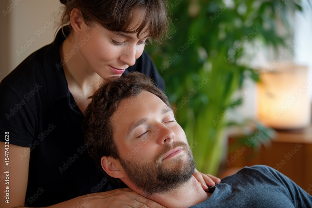 Fototapeta premium Female massage therapist treating relaxed young caucasian male in calm wellness environment