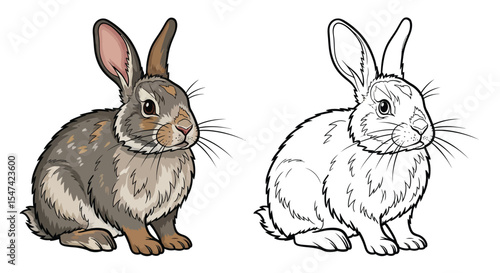 European Rabbit Coloring Page with Colored and Outline Animals Woodland Wildlife Art