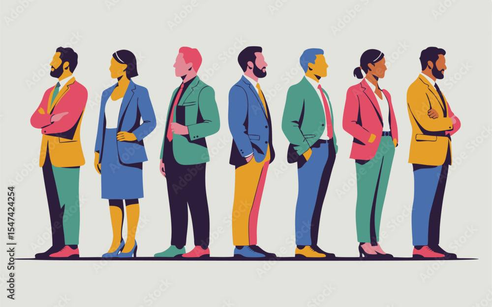 Obraz premium Diverse Group of Professionals in Colorful Suits Standing in a Row, Side View