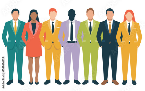 Diverse Group of Professionals in Colorful Suits Standing Together on White Background, Cartoon Illustration Style