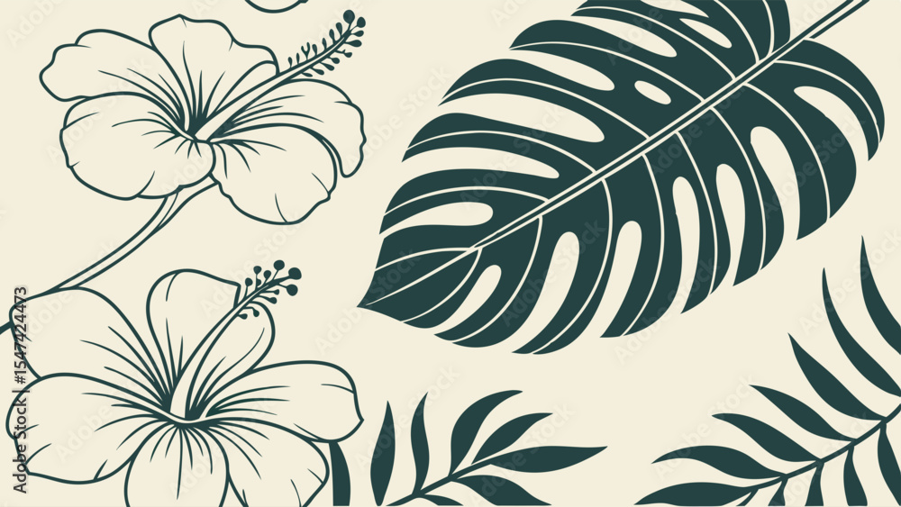 custom made wallpaper toronto digitalElegant tropical seamless pattern with outline hibiscus flowers, solid monstera leaves, and palm fronds on a cream background. Botanical vector illustration for summer.
