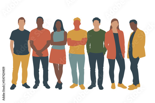 Group of Seven Faceless Diverse People Standing in a Row on a White Background
