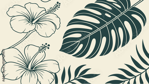 Wallpaper Mural Elegant tropical seamless pattern with outline hibiscus flowers, solid monstera leaves, and palm fronds on a cream background. Botanical vector illustration for summer. Torontodigital.ca