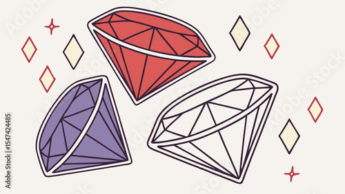 Three sparkling red, purple, and clear faceted gemstones illustration with shine elements. Elegant digital vector flat art for luxury jewelry and precious treasure.