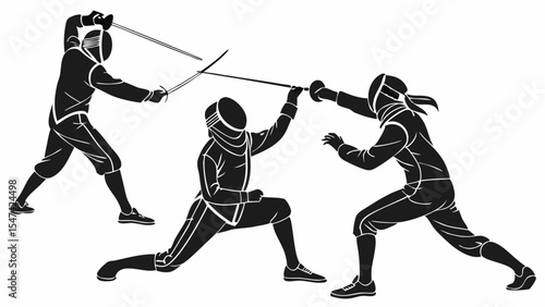 Dynamic black and white silhouette of three fencers in action, showcasing competitive swordplay, athletic skill, and strategic duel poses in the sport of fencing.