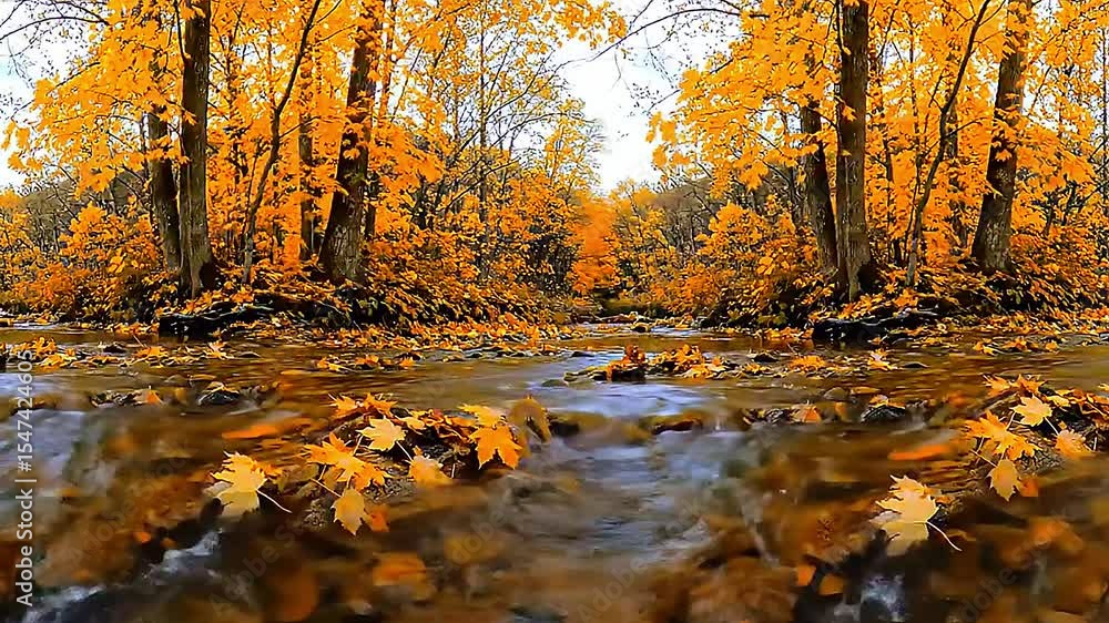 Autumn forest stream afternoon – crisp clear water passing through amber leaves, warm golden light, wispy clouds, static maples and oaks, mood nostalgic serene, loopable seamless. Autumn forest stream afternoon – crisp clear water passing through amber leaves, warm golden light, wispy clouds, static maples and oaks, mood nostalgic serene, loopable seamless.