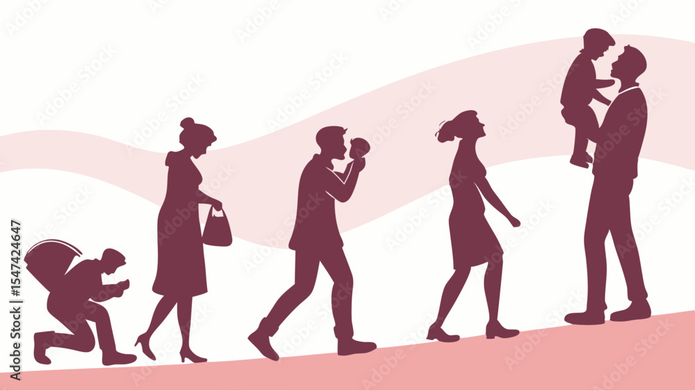 Obraz premium Vector illustration of human life stages and personal growth, showing people evolving from struggle to family on an uphill path, minimalist silhouette art.