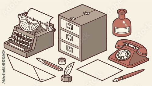 Detailed Isometric Vintage Office Supplies Illustration. Retro Typewriter, Rotary Phone, Filing Cabinet, Quill Pen, Inkwell, Writing Tools.