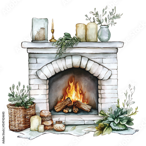 Watercolor fireplace illustration with burning fireplace firewood candles plants on transparent background vector png