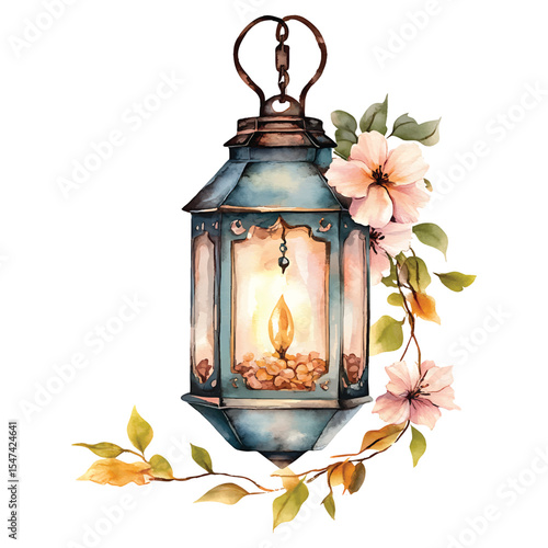 Watercolor lantern illustration with flowers on transparent background vector png