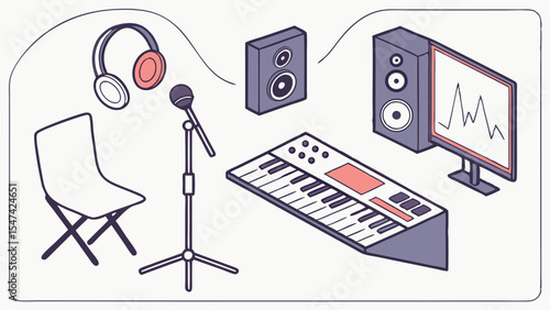 Clean Isometric Digital Music Studio Setup Featuring Microphone, Headphones, Keyboard, Speaker, and Monitor with Audio Waveform for Modern Production.