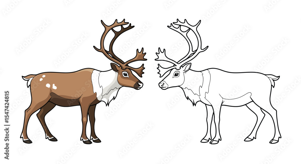 Naklejka premium Reindeer Coloring Page with One Colored and One Outline Animal Arctic Wildlife Fun