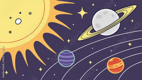 Vibrant cartoon solar system illustration featuring the bright sun, ringed Saturn, and other planets orbiting in a starry cosmic background