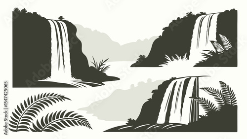Monochrome vector art set of tropical waterfalls and jungle landscapes. Silhouettes of natural cascades, rivers, mountains, and lush ferns for scenic nature design.