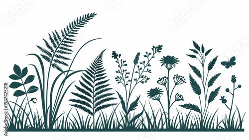 Beautiful dark green silhouette vector illustration of a wild meadow border with various plants, ferns, grass, wildflowers, and a butterfly. Organic nature design.