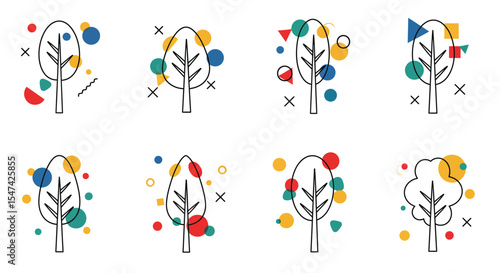 Stylized Geometric Tree Illustrations Collection Isolated On White Background