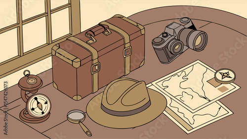 Vintage adventure travel illustration featuring an old brown suitcase, camera, maps, compass, magnifying glass, and explorer hat on a wooden desk, ready for discovery.