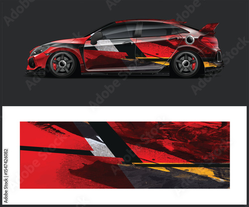 Red Sports Car with Abstract Wrap Design on Dark Gray Background