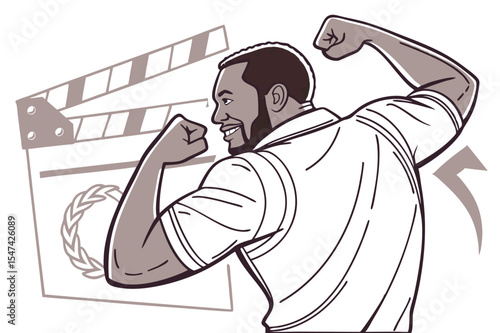 Powerful Actor, Movie Production, Filmmaking, Strong Man, Muscular Arms, Cinematic Art, Behind the Scenes, Film Clapperboard,  Studio Production,  Character Illustration