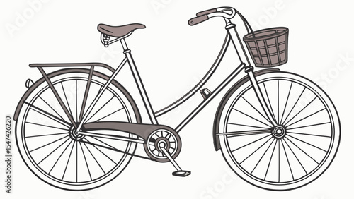 Vintage style grayscale line art illustration of a classic women's step-through city bike with a front wicker basket and rear rack for urban commuting.
