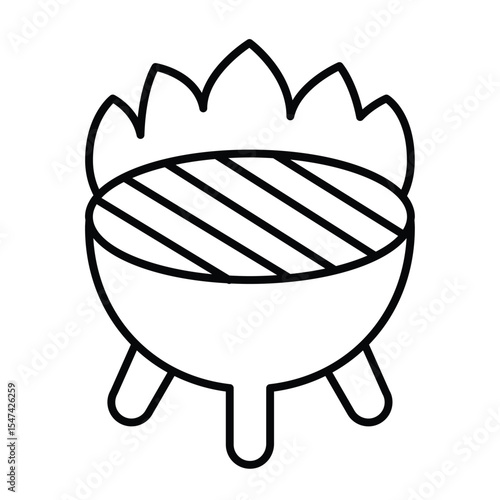 Barbecue grill with grate on fire thin line icon, culinary cooking concept. Vector graphics. BBQ grill with flame sign on white background, style mobile or design.