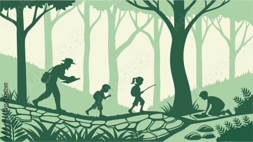 Monochromatic green silhouette illustration of an adult and children on an educational forest nature walk, exploring the woodland environment on a stone path.