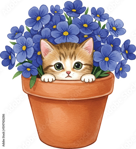 Adorable watercolor illustration of a cute tabby kitten peeking out of a flower pot filled with vibrant blue flowers.
