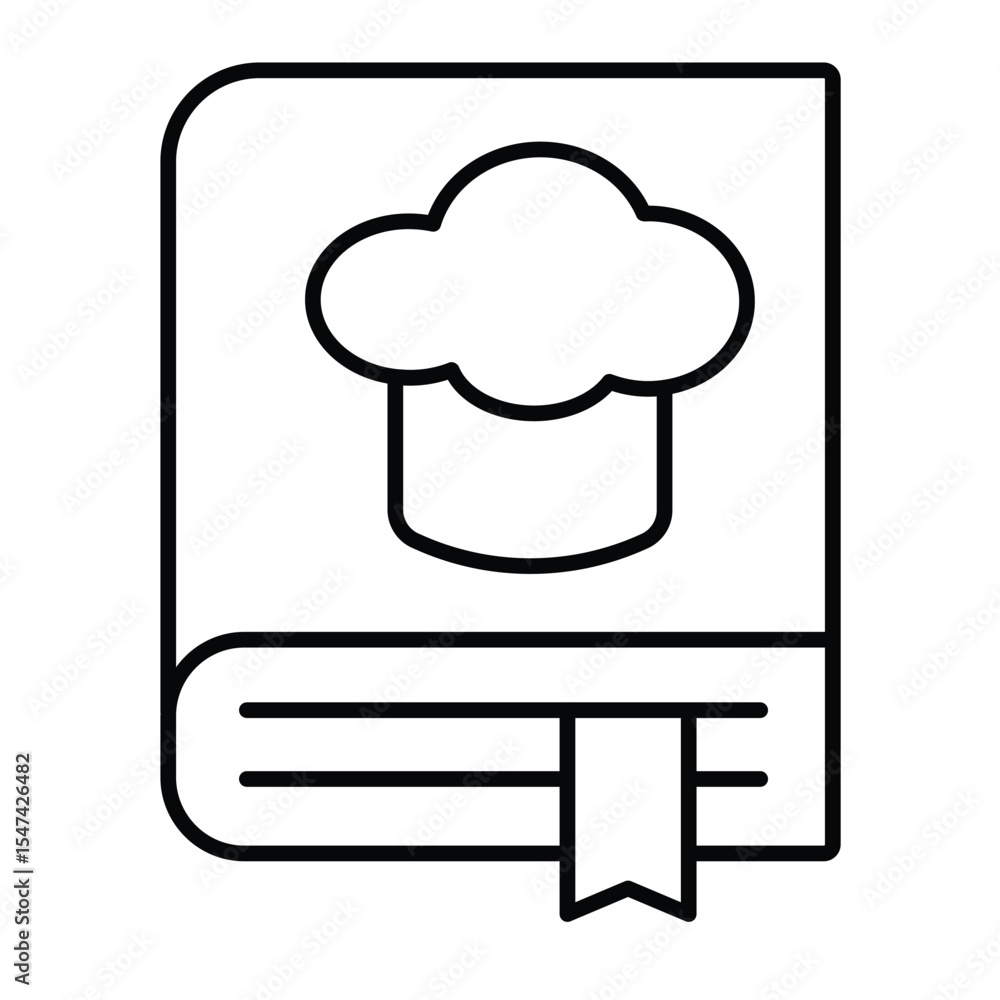 Chef recipe book with bookmark thin line icon, culinary cooking concept. Vector graphics. Cook book with chef hat sign on white background, style mobile or design. Chef recipe book with bookmark thin line icon, culinary cooking concept. Vector graphics. Cook book with chef hat sign on white background, style mobile or design.