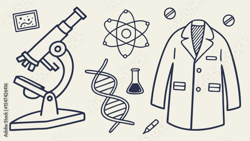 Vector hand drawn science lab equipment doodle set with microscope DNA atom model lab coat and research tools for education and scientific study