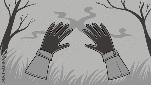 Detailed black and white vector illustration of abandoned dark work gloves lying palms up on tall grassy ground with spooky bare trees and mysterious wavy shadows.