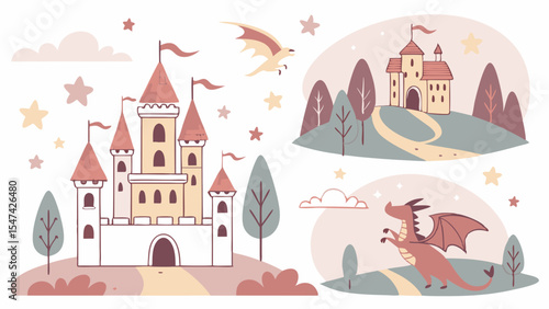 Whimsical Pastel Fairy Tale Castles and Dragons Vector Illustration Set for Kids. Cute Fantasy Kingdom Landscape with Magical Creatures and Princess Castle.