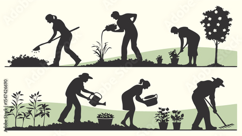 Diverse gardeners silhouette vector illustration men and women planting watering weeding raking plants and trees in outdoor home garden
