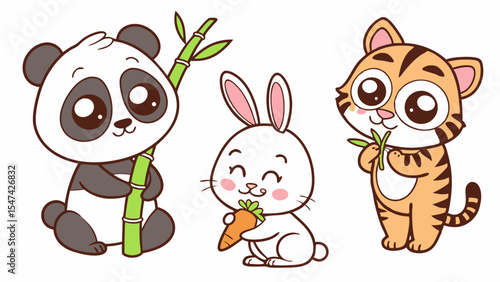 Adorable cartoon baby panda rabbit and tiger cub eating bamboo carrot and green leaves. Cute happy wildlife animal friends vector illustration.