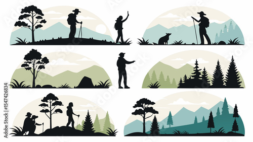 Outdoor hiking and trekking adventure vector silhouette set. Nature landscapes with mountains, forests, and backpackers exploring wilderness scenes.