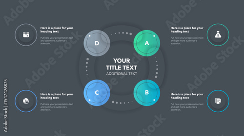 Modern round cycle diagram with four colorful steps - dark version. Process chart design with icons and thin lines, can be used for your website or presentation.