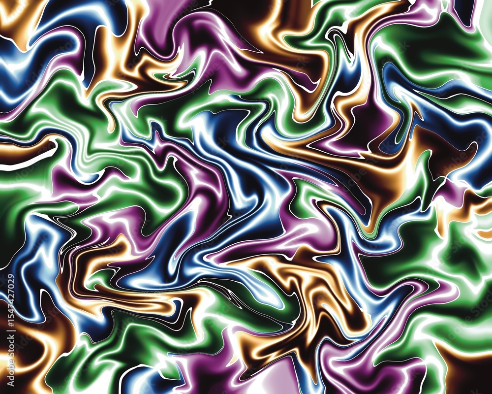 Obraz premium Abstract liquid metal pattern with a glossy, shiny effect featuring vibrant colors like green, purple, blue, gold, and white on a dark background. The design gives off a futuristic and energetic vibe.