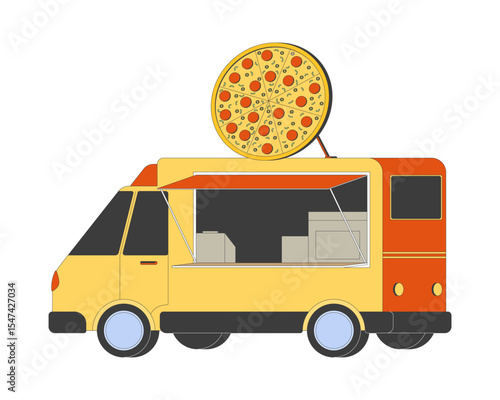 Pizza food truck with large pepperoni signboard 2D cartoon object. Mobile pizzeria with peperoni. Italian cuisine. Street food vehicle isolated element flat vector clip art on white. Spot illustration