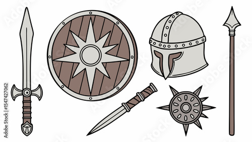 Cartoon vector illustration of medieval fantasy warrior weapons and armor full set, including sword, shield, helmet, dagger, and spear, isolated on white background.