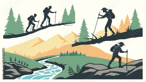 Detailed vector illustration of hikers trekking through a scenic mountain and forest landscape with a winding river. Outdoor adventure silhouettes.