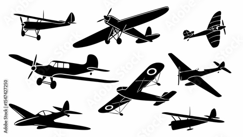 Vintage airplane silhouettes collection. Black vector aircraft set featuring various propeller planes, biplanes, and monoplanes perfect for aviation design projects.