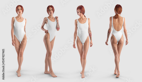 Mockup of a white sports swimsuit on a slender red-haired girl, full length, front, side, back view, isolated on background. Set.